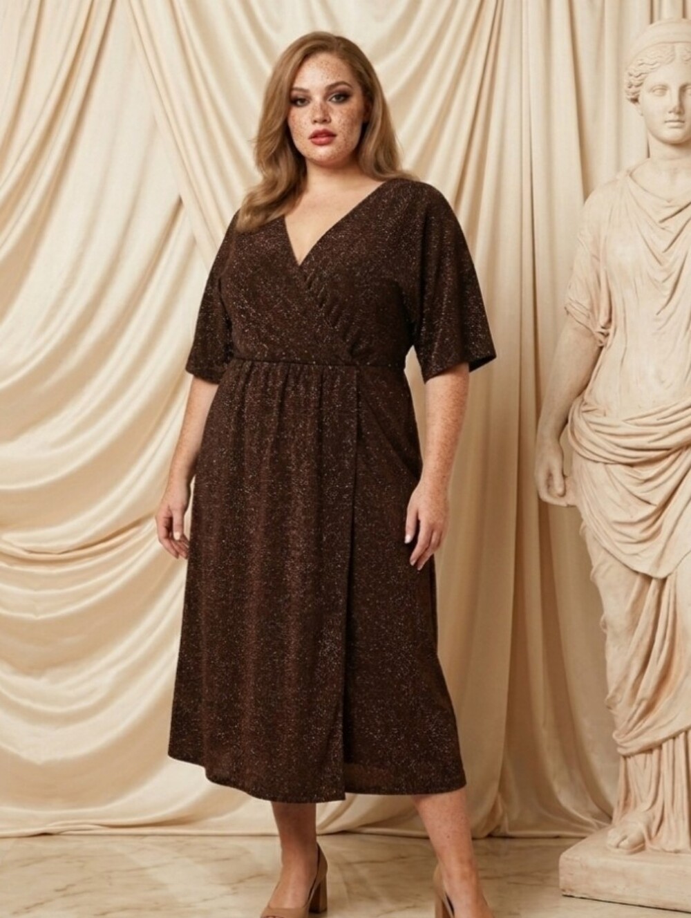 Eloquii Metallic Party Maxi Dress Size 14 16 Gathered Waist Deep Plunge